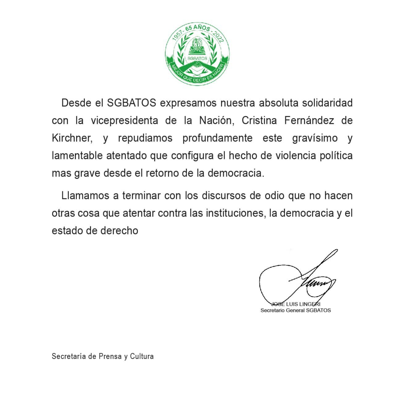 Comunicado repudio al atentado contra la vicepresidenta Cristina Fernández de Kirchner