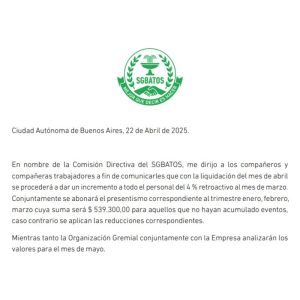 Lee más sobre el artículo Comunicado – Incremento en el mes de abril