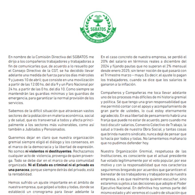 Comunicado – Medida de fuerza 9 y 10 de abril