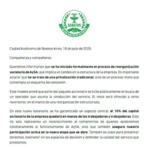 Lee más sobre el artículo Comunicado – Proceso de reorganización societaria de AySA