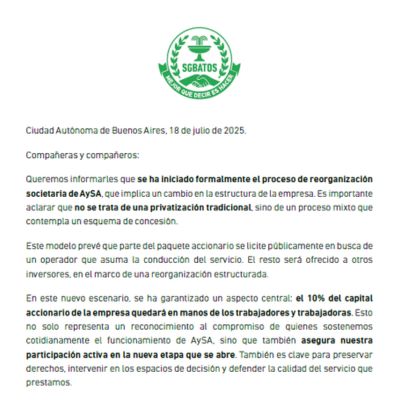 Comunicado – Proceso de reorganización societaria de AySA