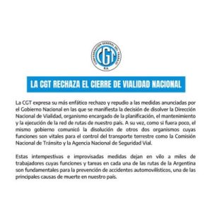 Lee más sobre el artículo Comunicado CGT – Rechazo al Cierre de Vialidad Nacional