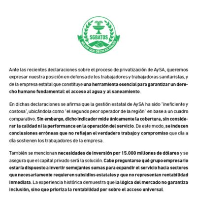Comunicado ante las recientes declaraciones sobre el proceso de privatización de AySA
