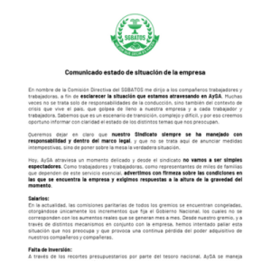 Lee más sobre el artículo Comunicado por el estado de situación de la empresa