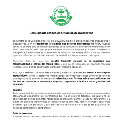 Comunicado por el estado de situación de la empresa