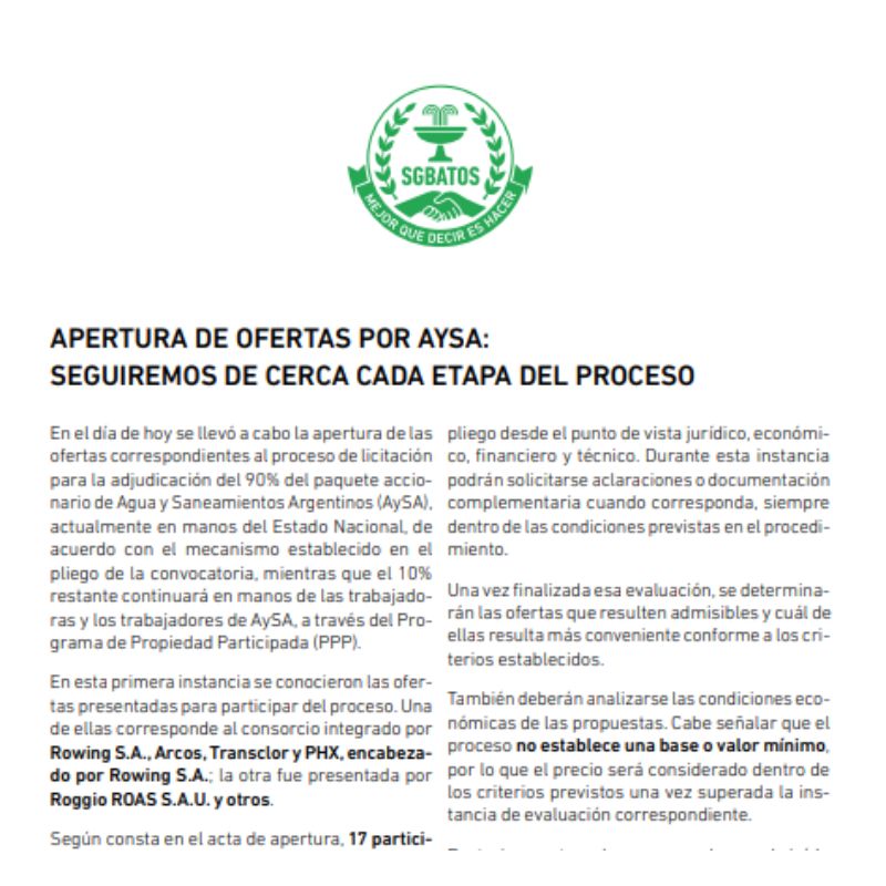 Comunicado – Apertura de ofertas por AySA